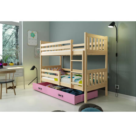 Dětská patrová postel CARINO se šuplíkem 80x160 cm, včetně matrací, Přírodní/Růžová