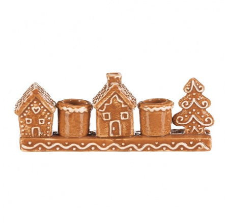 Svícen perníkový - keramika, na 2 kónické svíčky, domky a stromek Svícen perníkový - keramika, na 2 kónické svíčky, domky a stromek