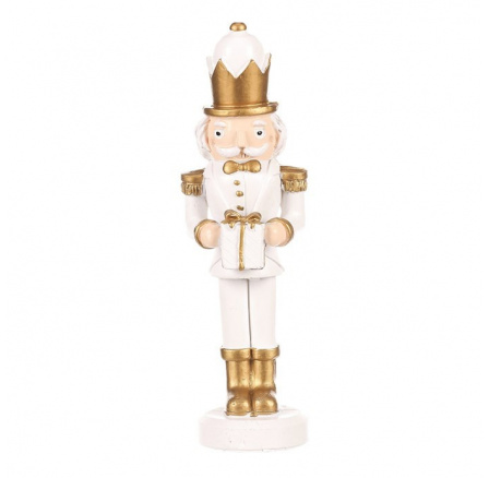 Voják s dárkem - figurka na postavení, polyresin, barva bílo-zlatá
