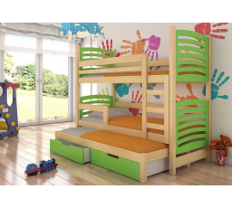 Dětská patrová postel SORIA s výsuvem a se šuplíky, včetně matrací, Přírodní/Zelená