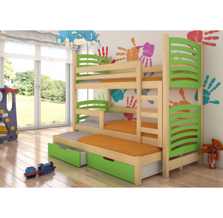 Třílůžková patrová postel s matracemi SORIA Pine+Green