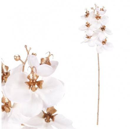 Orchidej - umělá řezaná, zlaté zdobení, bílá