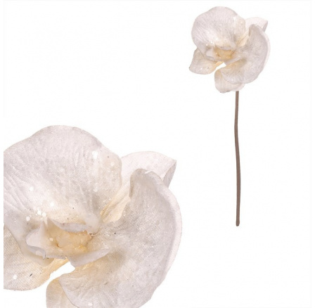 Orchidej - umělý květ na stonku, bílá se třpytkami
