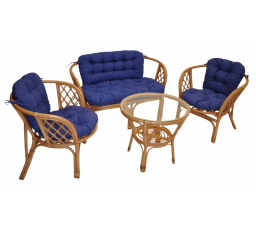 Ratanová sedací souprava Bahama tmavý med velká polstry modrý melír