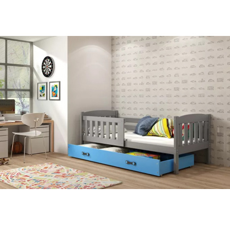 Dětská postel KUBUS 80x190 cm se šuplíkem, s matrací, Grafit/Modrá