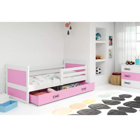 Dětská postel RICO 90x200 cm se šuplíkem, s matrací, Bílá/Růžová
