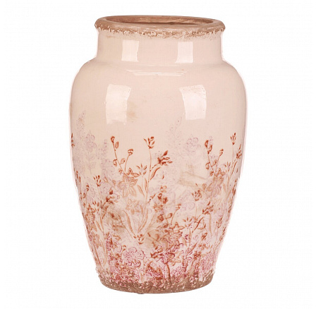 Váza keramická - zaoblená, retro, růžové květy, vel. L
