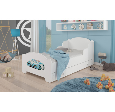 Dětská postel AMADIS se šuplíkem a matrací 140x70 cm, Bílá/Police Car