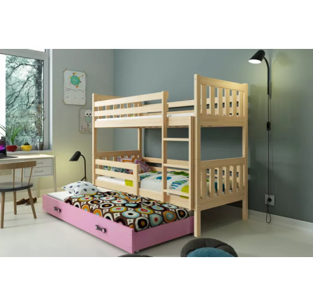 Dětská patrová postel CARINO 3 s přistýlkou 80x190 cm, včetně matrací, Přírodní/Růžová