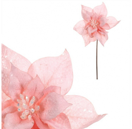 Vánoční růže - umělý květ na stonku, růžová se třpytkami Vánoční růže - umělý květ na stonku, růžová se třpytkami