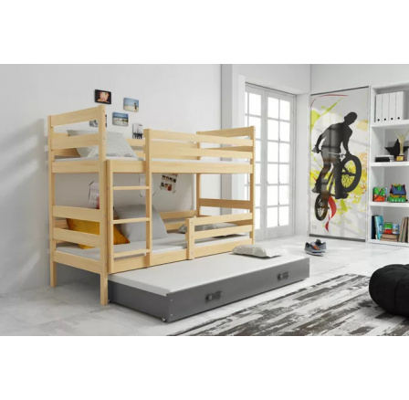 Dětská patrová postel ERYK 3 s přistýlkou 90x200 cm, včetně matrací, Přírodní/Grafit