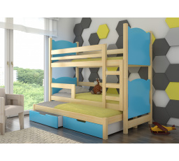 Třílůžková patrová postel s matracemi LETICIA Pine+Blue