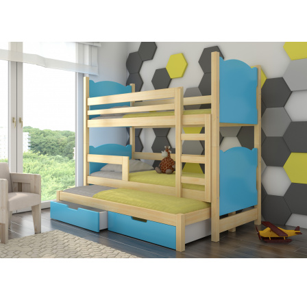 Dětská patrová postel LETICIA s výsuvem a se šuplíky, včetně matrací, Přírodní/Modrá