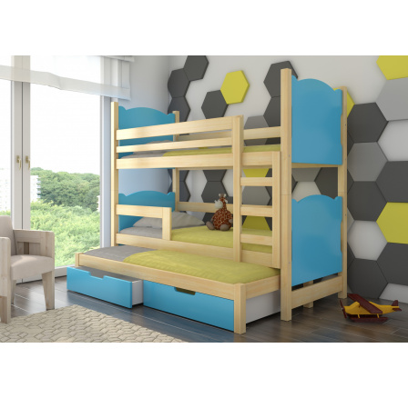 Třílůžková patrová postel s matracemi LETICIA Pine+Blue