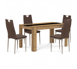 Jídelní set 1+4, stůl 138x80 cm, MDF dub wotan, židle hnědá látka, capp. lak