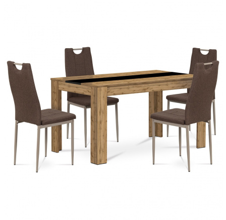 Jídelní set 1+4, stůl 138x80 cm, MDF dub wotan, židle hnědá látka, capp. lak