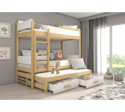 Třílůžková patrová postel QUEEN 180x80 Borovice Přírodní+Bílá