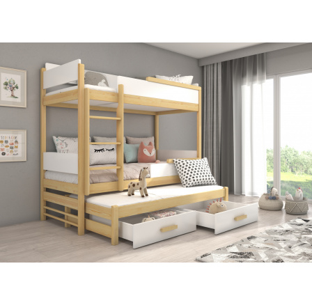 Třílůžková patrová postel QUEEN 180x80 Borovice Přírodní+Bílá