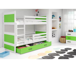 Dětská patrová postel RICO se šuplíkem 90x200 cm, včetně matrací, Bílá/Zelená