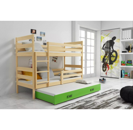 Dětská patrová postel ERYK 3 s přistýlkou 80x160 cm, včetně matrací, Přírodní/Zelená