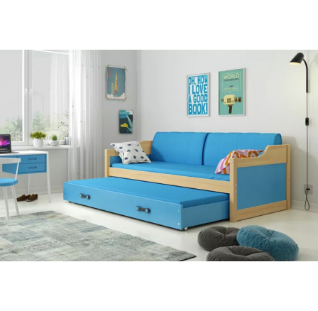 Dětská postel DAVID s matracemi, 90x200 cm, Přírodní/Modrá