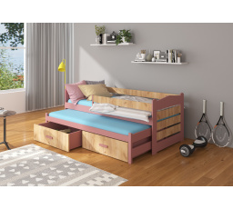 Postel dětská vyvýšená 2 místná TIARRO 200x90 Pink+Oak Gold se zábradlím a matracemi