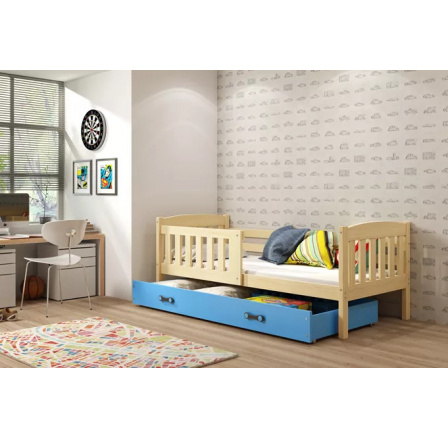 Dětská postel KUBUS 80x160 cm se šuplíkem, s matrací, Přírodní/Modrá