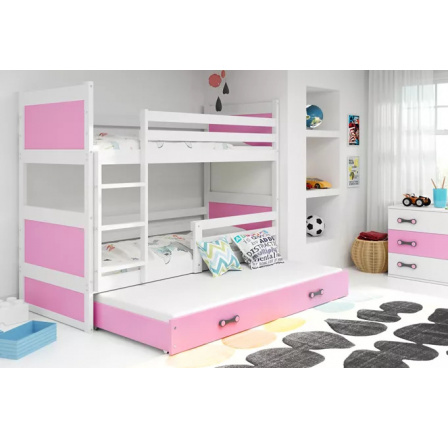 Dětská patrová postel RICO 3 s přistýlkou 90x200 cm, včetně matrací, Bílá/Růžová