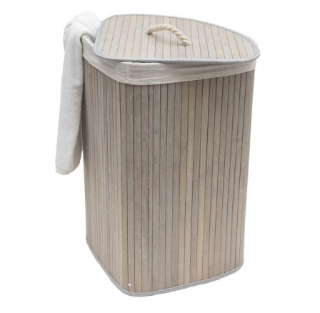 Koš prádelní - bambusový, rohový s víkem, šedý