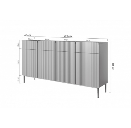 Komoda Nicole 200 cm s čtyřmi zásuvkami - Černý mat / zlaté nohy