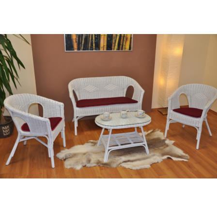 Ratanová sedací souprava Fabion velká bílá polstry vínové Ratanová sedací souprava Fabion velká bílá polstry vínové