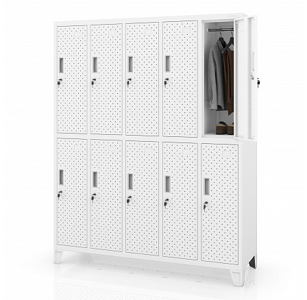 Šatní skříň BHP, přihrádková, perforovaná, 10 přihrádek, bílá, 1360x1720x450 mm: BARTEK PRO Šatní skříň BHP, přihrádková, perforovaná, 10 přihrádek, bílá, 1360x1720x450 mm: BARTEK PRO