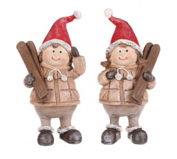 Děti s lyžemi, polyresin, červená čepice, mix 2 druhů, cena za 1 ks