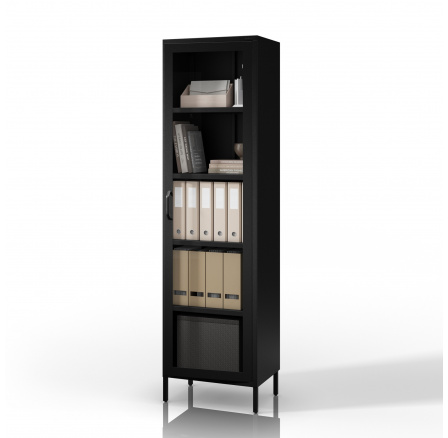 Skleněná vitrína do obývacího pokoje úzká kovová černá LUIGI Modern 500 x 1800 x 350 mm