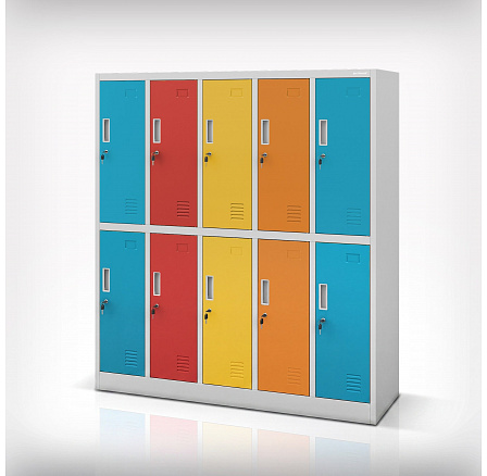 Školní skříňka BHP šedo-vicebarevná: 10-přihrádková BARTUŚ, 1360 x 1500 x 450 mm Školní skříňka BHP šedo-vicebarevná: 10-přihrádková BARTUŚ, 1360 x 1500 x 450 mm
