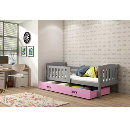 Dětská postel KUBUS 90x200 cm se šuplíkem, s matrací, Grafit/Růžová