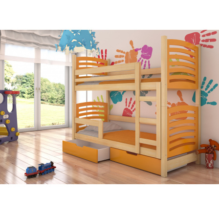 Dvoulůžková patrová postel s matracemi OSUNA Pine+Orange