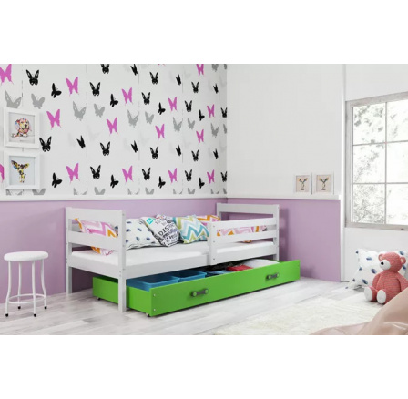 Dětská postel ERYK 90x200 cm se šuplíkem, s matrací, Bílá/Zelená