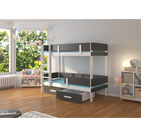 Dvoulůžková patrová postel s matracemi ETIONA 200x90 Bílá+Antracit