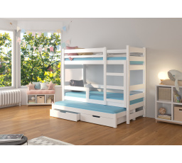Dětská patrová postel KARLO s výsuvem a se šuplíky, včetně matrací, Bílá/Bílá
