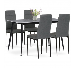 Jídelní set 1+4, stůl 130x70, deska slinutý kámen v imitaci šedého matného mramoru, židle šedá látka, černý lak