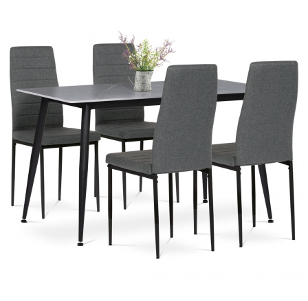 Jídelní set 1+4, stůl 130x70, deska slinutý kámen v imitaci šedého matného mramoru, židle šedá látka, černý lak