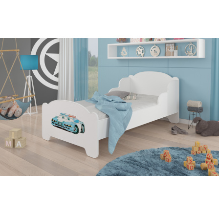 Dětská postel AMADIS s matrací 140x70 cm, Bílá/Police Car