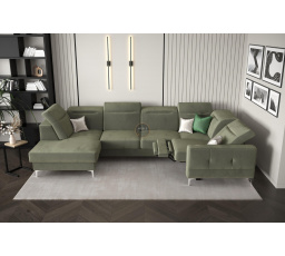 Rohová sedací souprava MALIBU MAX II s funkcí spaní a relaxací 180x350x182 cm - olivová, pravá strana