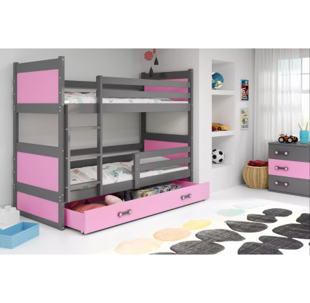 Dětská patrová postel RICO se šuplíkem 80x190 cm, bez matrací, Grafit/Růžová