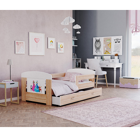 Dětská postel FILIP se šuplíkem bez matrace, 140x80 cm, Bílá/Dub Sonoma/Princezny Dětská postel FILIP se šuplíkem bez matrace, 140x80 cm, Bílá/Dub Sonoma/Princezny