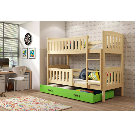 Dětská patrová postel KUBUS se šuplíkem 90x200 cm, bez matrací, Přírodní/Zelená