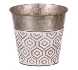Obal kovový - kulatý, vysoký, s ornamenty, bílo-měděný