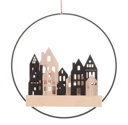 Domečky v kruhu na pověšení - LED osvětlení, kov a dřevo, černé