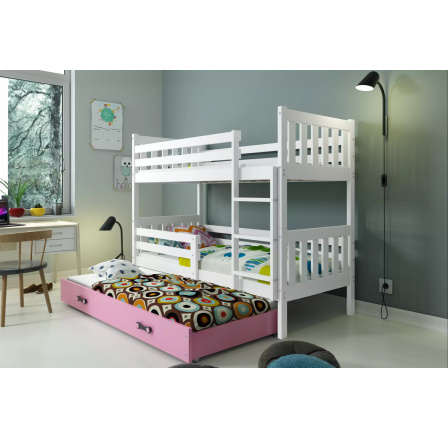 Dětská patrová postel CARINO 3 s přistýlkou 80x190 cm, včetně matrací, Bílá/Růžová